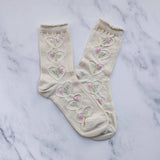 Women's Vintage Rose & Heart Casual Socks: Cream