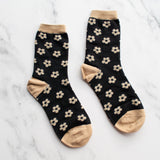 Taupe/Black Doodle Flower Crew Socks